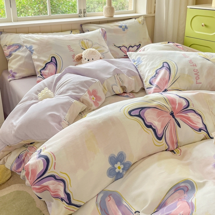 91家纺网 家纺一手货源 找家纺 琪格格纺织 2025新款13070全棉纯棉小清新四件套 彩蝶