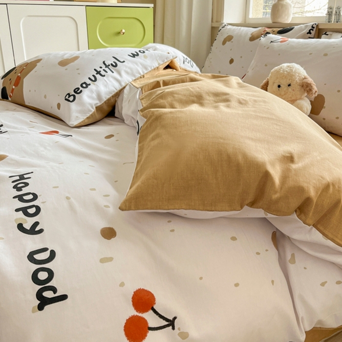 91家纺网 家纺一手货源 找家纺 琪格格纺织 2025新款13070全棉纯棉小清新四件套 乖乖狗-浅咖