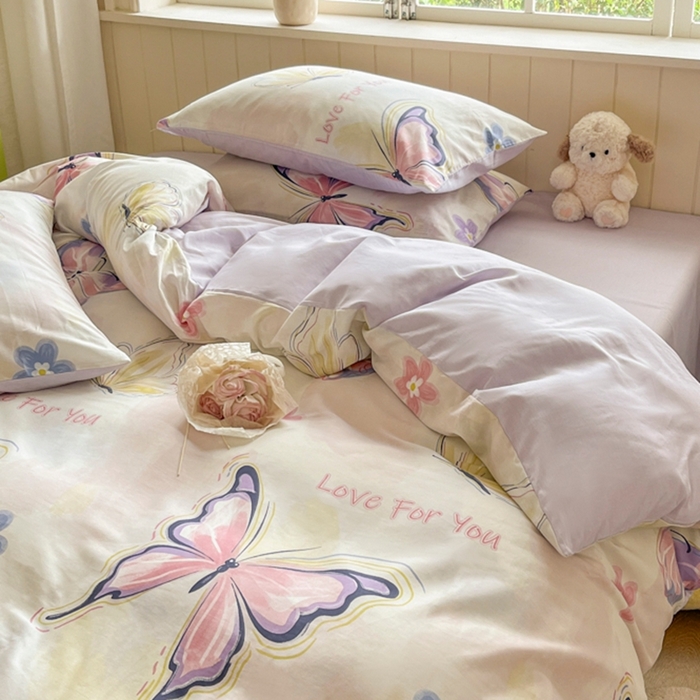 91家纺网 家纺一手货源 找家纺 琪格格纺织 2025新款13070全棉纯棉小清新四件套 彩蝶