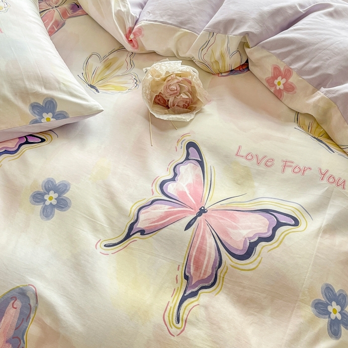 91家纺网 家纺一手货源 找家纺 琪格格纺织 2025新款13070全棉纯棉小清新四件套 彩蝶