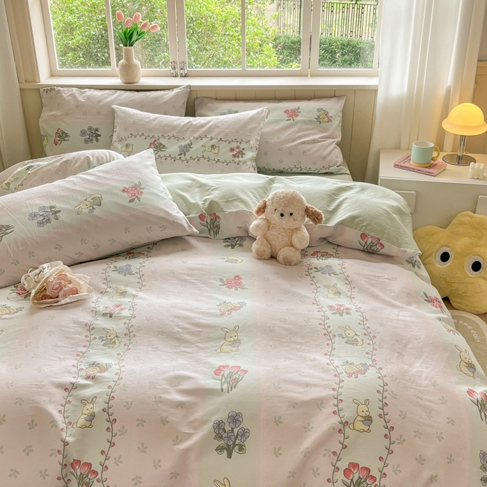 91家纺网 家纺一手货源 找家纺 琪格格纺织 2025新款13070全棉纯棉小清新四件套 花兔田园