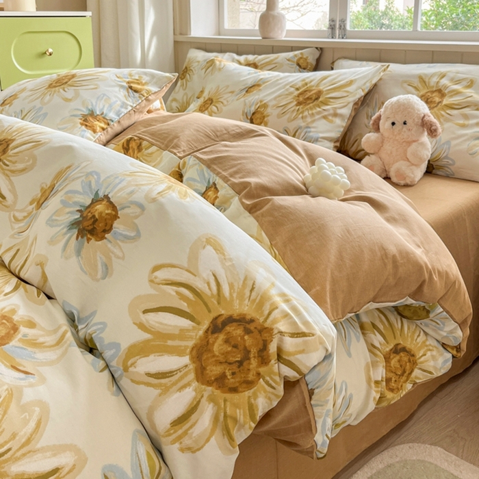 琪格格纺织 2025新款13070全棉纯棉小清新四件套 璀璨花开-米色