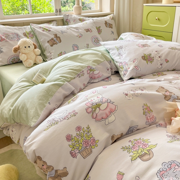 91家纺网 家纺一手货源 找家纺 琪格格纺织 2025新款13070全棉纯棉小清新四件套 开心乐园