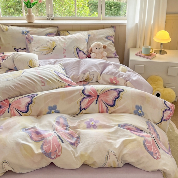 91家纺网 家纺一手货源 找家纺 琪格格纺织 2025新款13070全棉纯棉小清新四件套 彩蝶