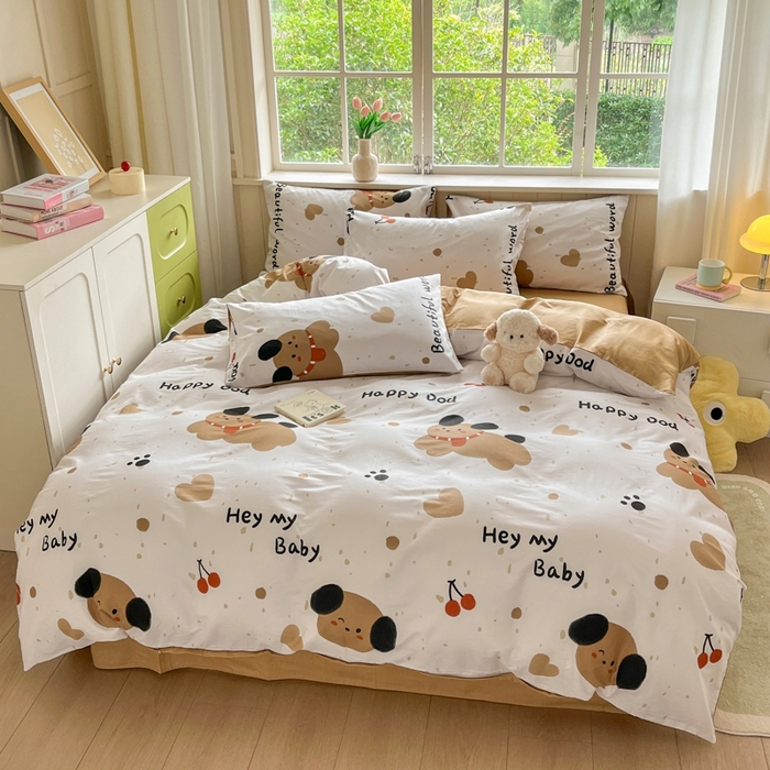 91家纺网 家纺一手货源 找家纺 琪格格纺织 2025新款13070全棉纯棉小清新四件套 乖乖狗-浅咖