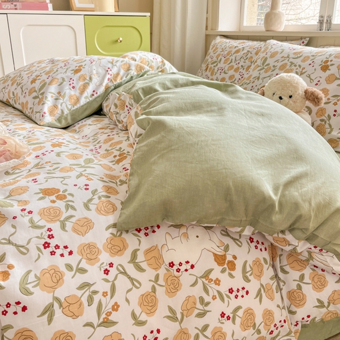 91家纺网 家纺一手货源 找家纺 琪格格纺织 2025新款13070全棉纯棉小清新四件套 花园小兔-浅绿