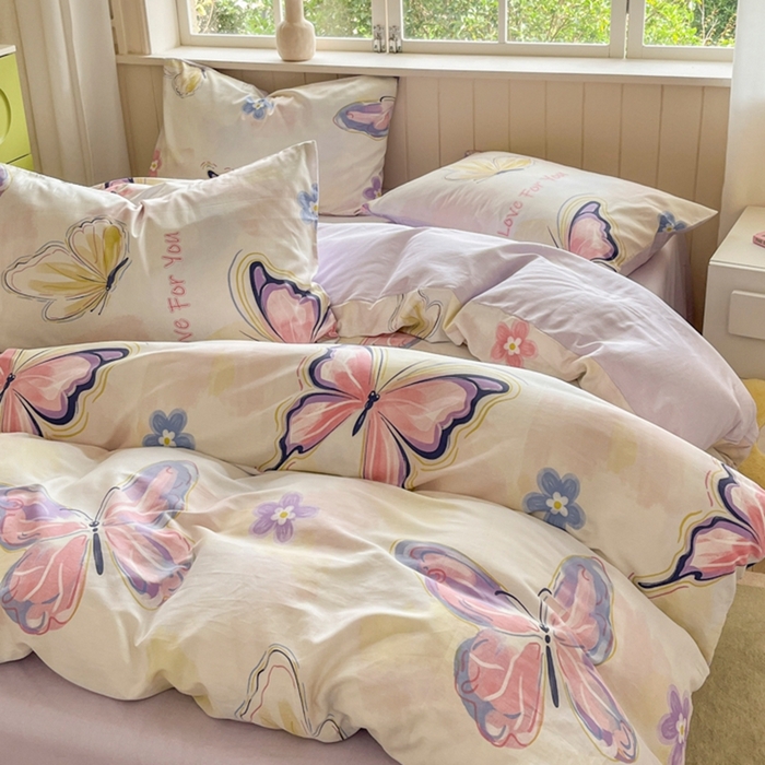 91家纺网 家纺一手货源 找家纺 琪格格纺织 2025新款13070全棉纯棉小清新四件套 彩蝶