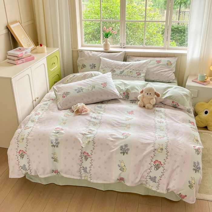 91家纺网 家纺一手货源 找家纺 琪格格纺织 2025新款13070全棉纯棉小清新四件套 花兔田园