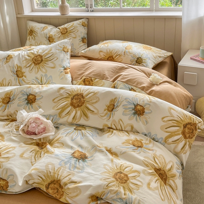 91家纺网 家纺一手货源 找家纺 琪格格纺织 2025新款13070全棉纯棉小清新四件套 璀璨花开-米色