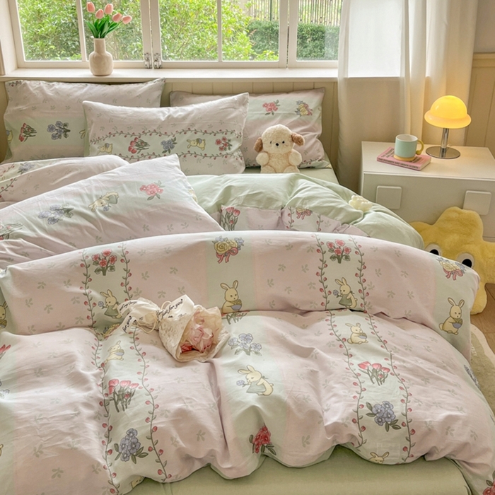 91家纺网 家纺一手货源 找家纺 琪格格纺织 2025新款13070全棉纯棉小清新四件套 花兔田园