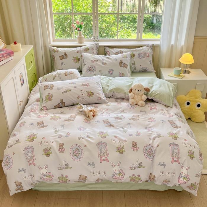 91家纺网 家纺一手货源 找家纺 琪格格纺织 2025新款13070全棉纯棉小清新四件套 开心乐园