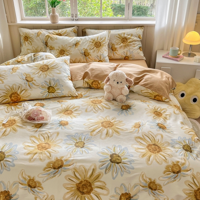 91家纺网 家纺一手货源 找家纺 琪格格纺织 2025新款13070全棉纯棉小清新四件套 璀璨花开-米色