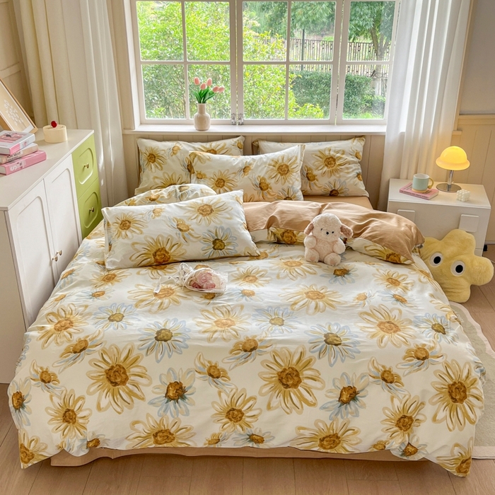 91家纺网 家纺一手货源 找家纺 琪格格纺织 2025新款13070全棉纯棉小清新四件套 璀璨花开-米色