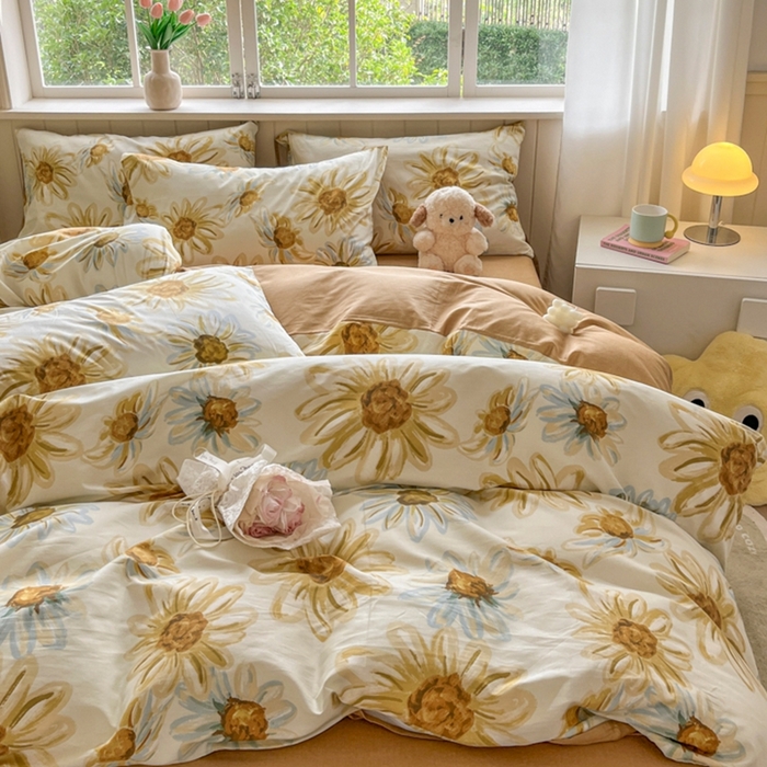 91家纺网 家纺一手货源 找家纺 琪格格纺织 2025新款13070全棉纯棉小清新四件套 璀璨花开-米色