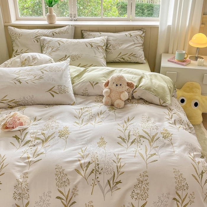 91家纺网 家纺一手货源 找家纺 琪格格纺织 2025新款13070全棉纯棉小清新四件套 森中草木-中绿