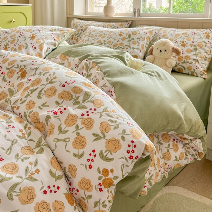 琪格格纺织 2025新款13070全棉纯棉小清新四件套 花园小兔-浅绿