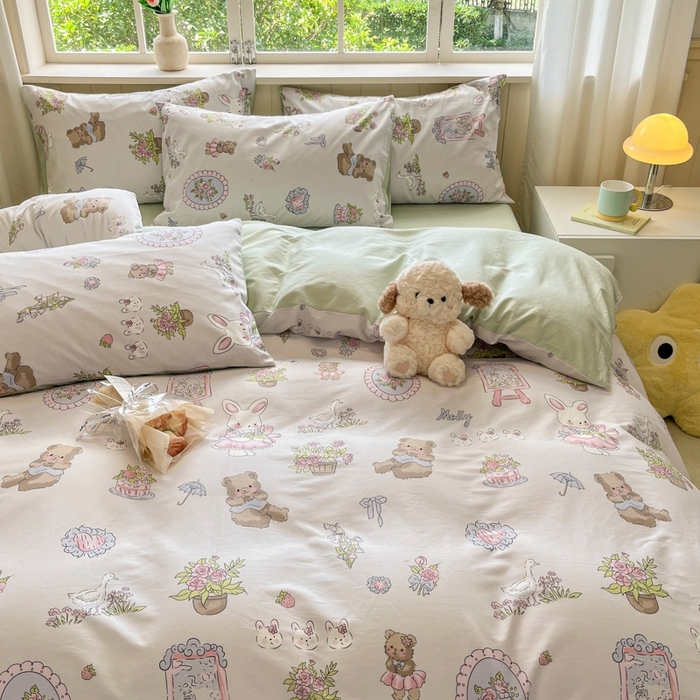 91家纺网 家纺一手货源 找家纺 琪格格纺织 2025新款13070全棉纯棉小清新四件套 开心乐园