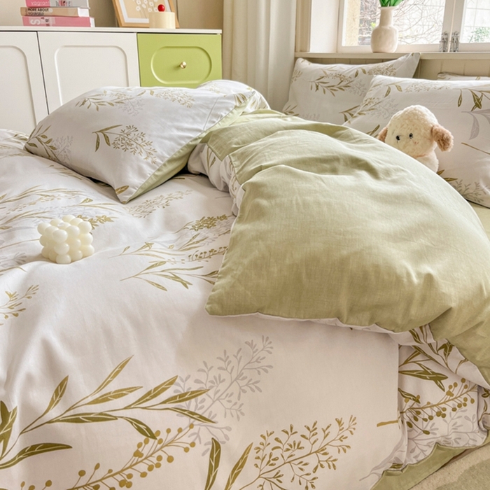 91家纺网 家纺一手货源 找家纺 琪格格纺织 2025新款13070全棉纯棉小清新四件套 森中草木-中绿