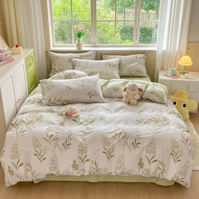 91家纺网 家纺一手货源 找家纺 琪格格纺织 2025新款13070全棉纯棉小清新四件套 森中草木-中绿