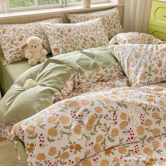 91家纺网 家纺一手货源 找家纺 琪格格纺织 2025新款13070全棉纯棉小清新四件套 花园小兔-浅绿