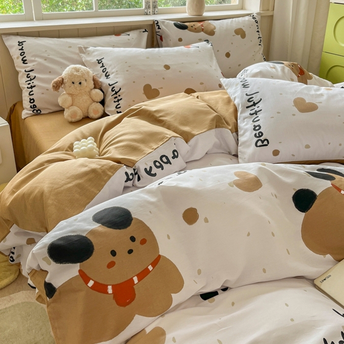 91家纺网 家纺一手货源 找家纺 琪格格纺织 2025新款13070全棉纯棉小清新四件套 乖乖狗-浅咖