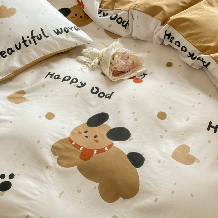 91家纺网 家纺一手货源 找家纺 琪格格纺织 2025新款13070全棉纯棉小清新四件套 乖乖狗-浅咖