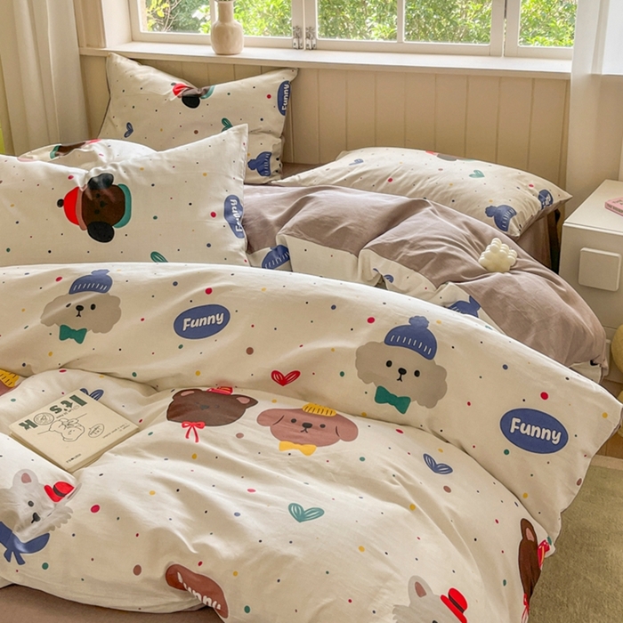 91家纺网 家纺一手货源 找家纺 琪格格纺织 2025新款13070全棉纯棉小清新四件套 时尚派对-咖