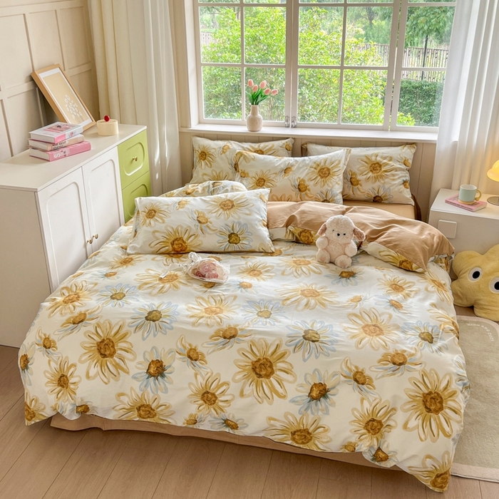 91家纺网 家纺一手货源 找家纺 琪格格纺织 2025新款13070全棉纯棉小清新四件套 璀璨花开-米色