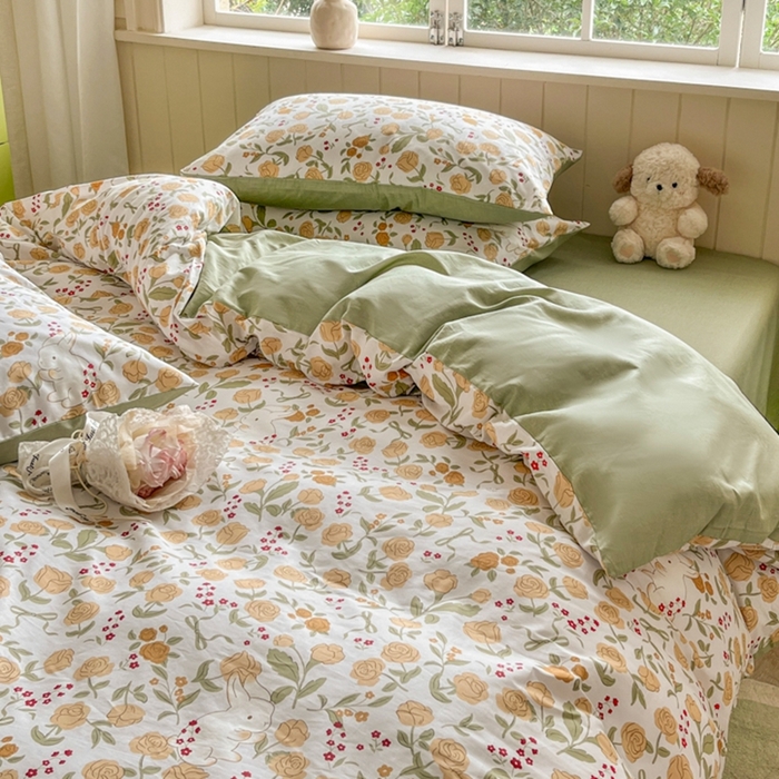 91家纺网 家纺一手货源 找家纺 琪格格纺织 2025新款13070全棉纯棉小清新四件套 花园小兔-浅绿