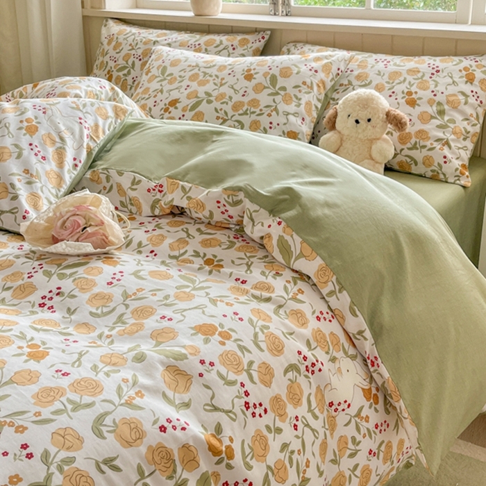 91家纺网 家纺一手货源 找家纺 琪格格纺织 2025新款13070全棉纯棉小清新四件套 花园小兔-浅绿