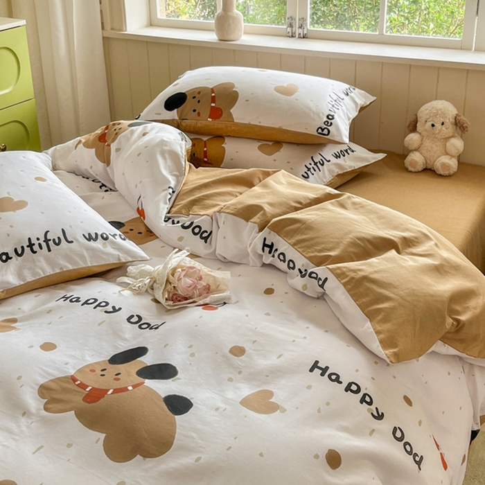 91家纺网 家纺一手货源 找家纺 琪格格纺织 2025新款13070全棉纯棉小清新四件套 乖乖狗-浅咖