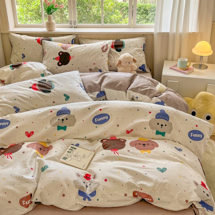 91家纺网 家纺一手货源 找家纺 琪格格纺织 2025新款13070全棉纯棉小清新四件套 时尚派对-咖