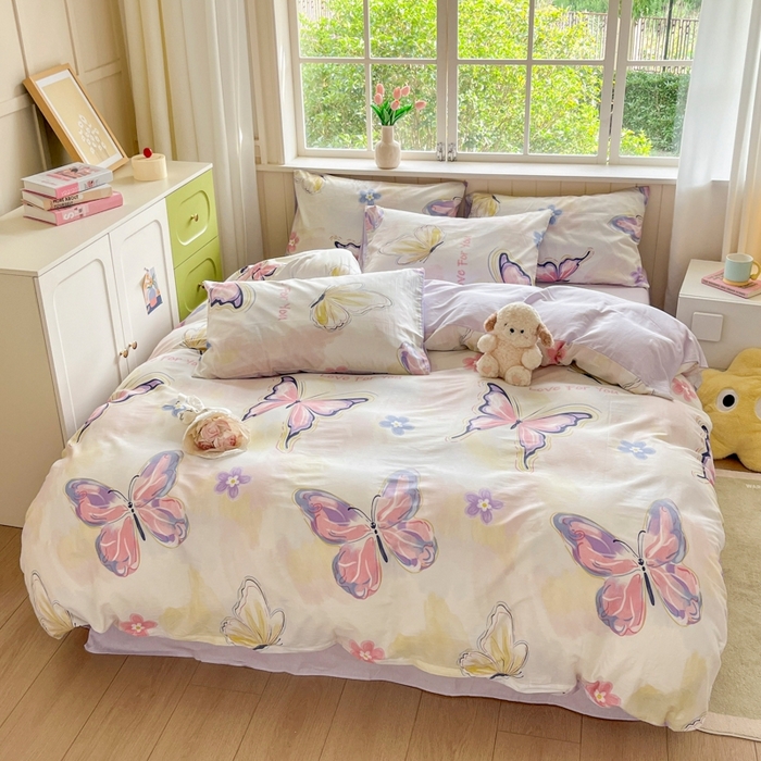 91家纺网 家纺一手货源 找家纺 琪格格纺织 2025新款13070全棉纯棉小清新四件套 彩蝶