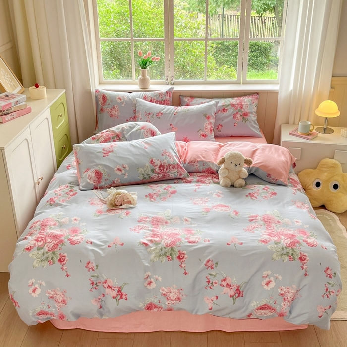 91家纺网 家纺一手货源 找家纺 琪格格纺织 2025新款13070全棉纯棉小清新四件套 花漫晨-粉