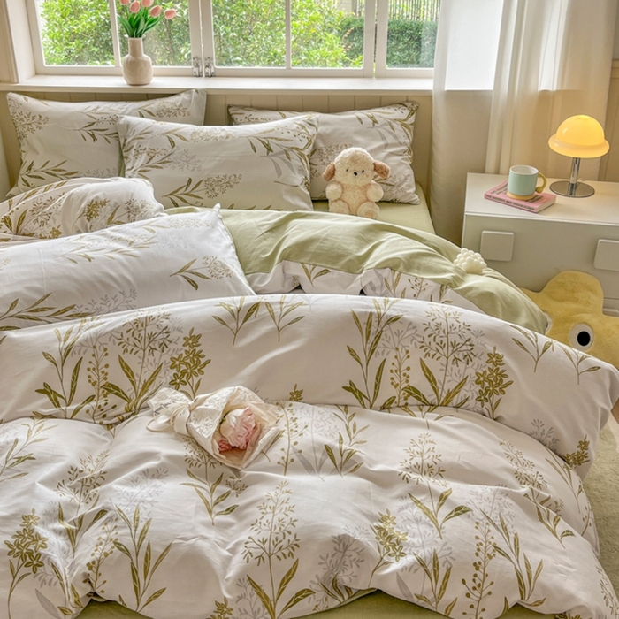 91家纺网 家纺一手货源 找家纺 琪格格纺织 2025新款13070全棉纯棉小清新四件套 森中草木-中绿