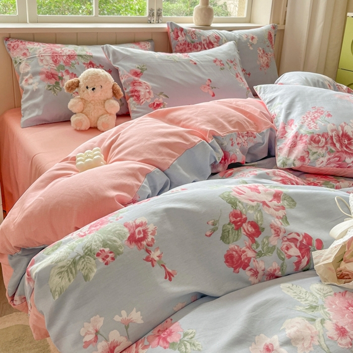 91家纺网 家纺一手货源 找家纺 琪格格纺织 2025新款13070全棉纯棉小清新四件套 花漫晨-粉