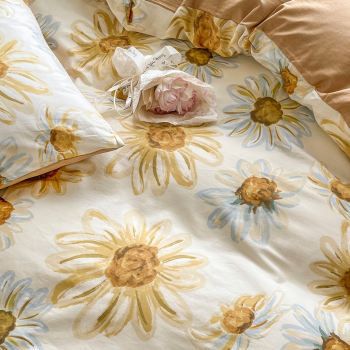 91家纺网 家纺一手货源 找家纺 琪格格纺织 2025新款13070全棉纯棉小清新四件套 璀璨花开-米色