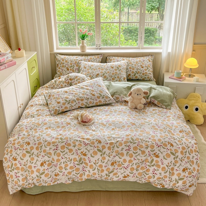 91家纺网 家纺一手货源 找家纺 琪格格纺织 2025新款13070全棉纯棉小清新四件套 花园小兔-浅绿