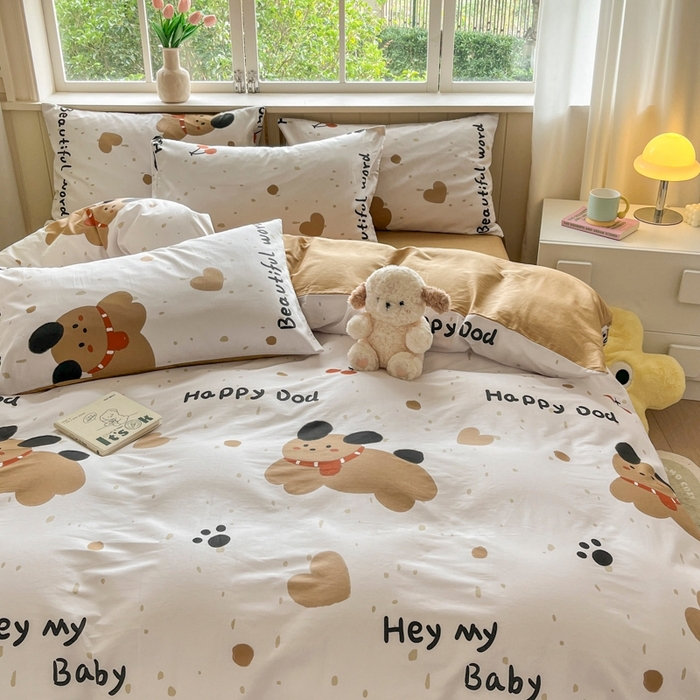 91家纺网 家纺一手货源 找家纺 琪格格纺织 2025新款13070全棉纯棉小清新四件套 乖乖狗-浅咖