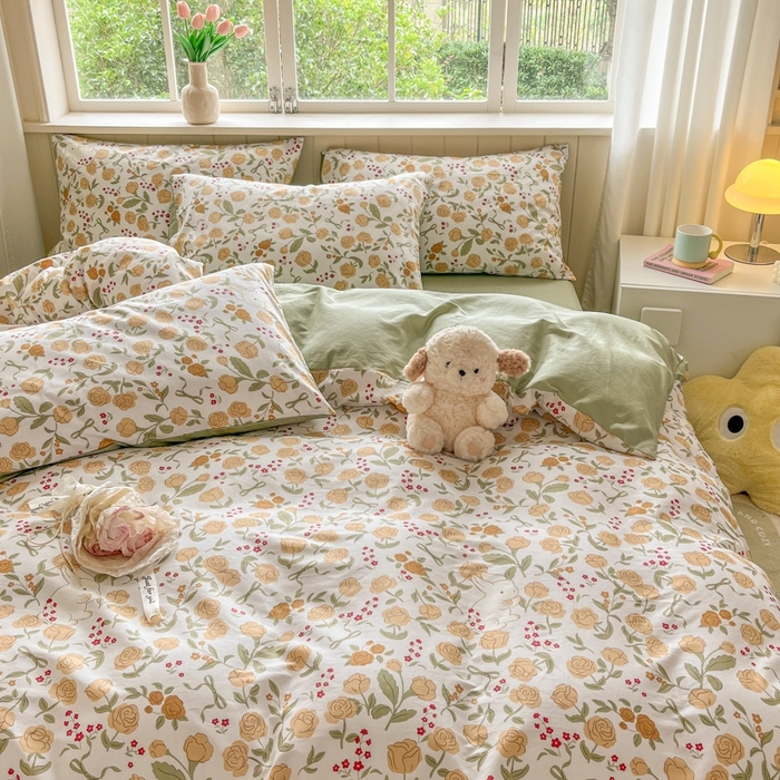 91家纺网 家纺一手货源 找家纺 琪格格纺织 2025新款13070全棉纯棉小清新四件套 花园小兔-浅绿