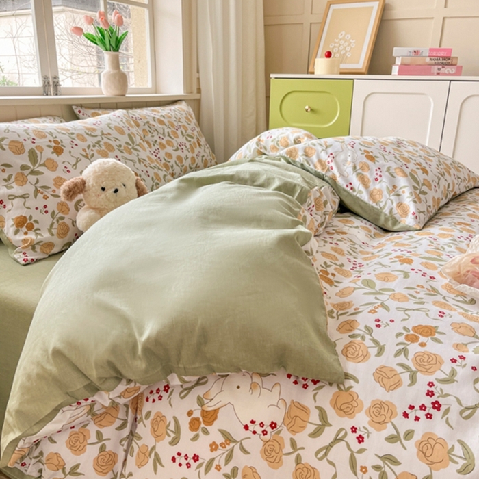 91家纺网 家纺一手货源 找家纺 琪格格纺织 2025新款13070全棉纯棉小清新四件套 花园小兔-浅绿