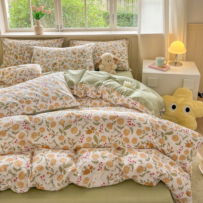 91家纺网 家纺一手货源 找家纺 琪格格纺织 2025新款13070全棉纯棉小清新四件套 花园小兔-浅绿