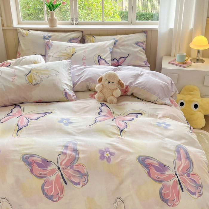 91家纺网 家纺一手货源 找家纺 琪格格纺织 2025新款13070全棉纯棉小清新四件套 彩蝶