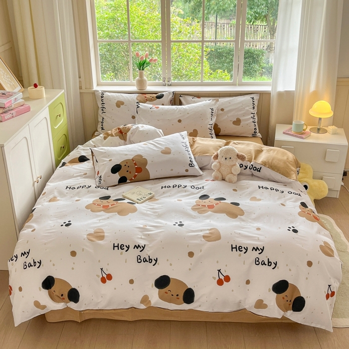 91家纺网 家纺一手货源 找家纺 琪格格纺织 2025新款13070全棉纯棉小清新四件套 乖乖狗-浅咖