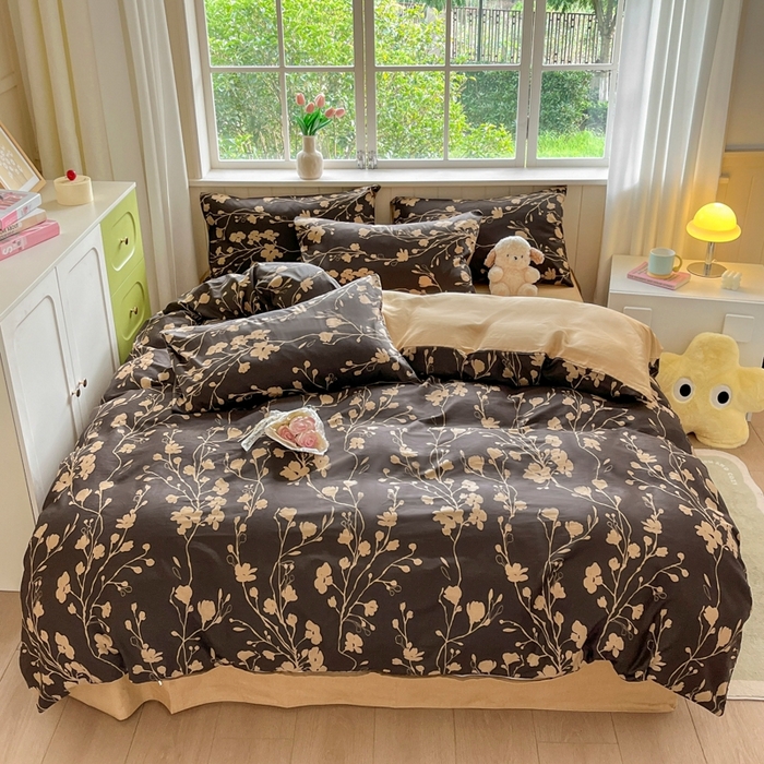 91家纺网 家纺一手货源 找家纺 琪格格纺织 2025新款13070全棉纯棉小清新四件套 花韵连锦-棕色