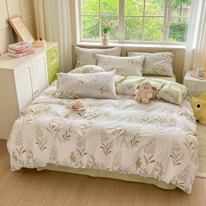 91家纺网 家纺一手货源 找家纺 琪格格纺织 2025新款13070全棉纯棉小清新四件套 森中草木-中绿