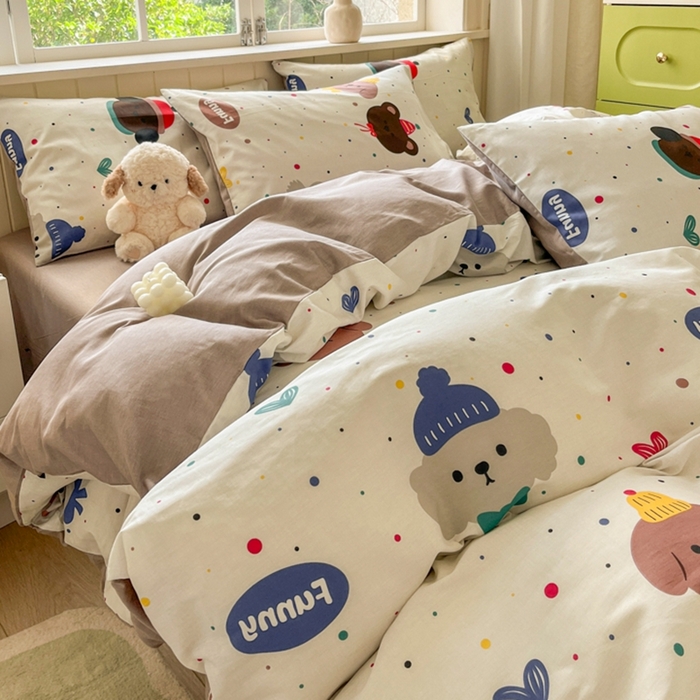 91家纺网 家纺一手货源 找家纺 琪格格纺织 2025新款13070全棉纯棉小清新四件套 时尚派对-咖