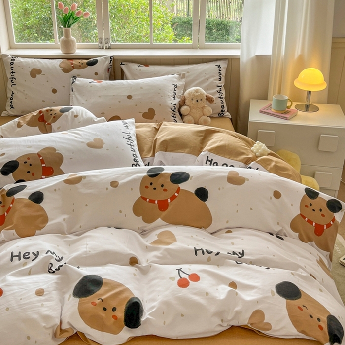 91家纺网 家纺一手货源 找家纺 琪格格纺织 2025新款13070全棉纯棉小清新四件套 乖乖狗-浅咖