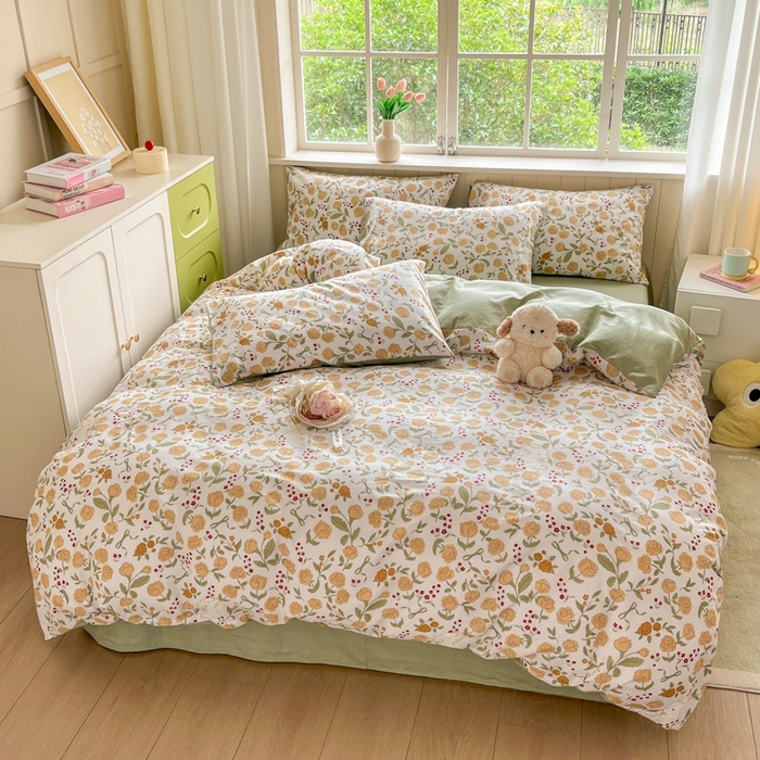 91家纺网 家纺一手货源 找家纺 琪格格纺织 2025新款13070全棉纯棉小清新四件套 花园小兔-浅绿