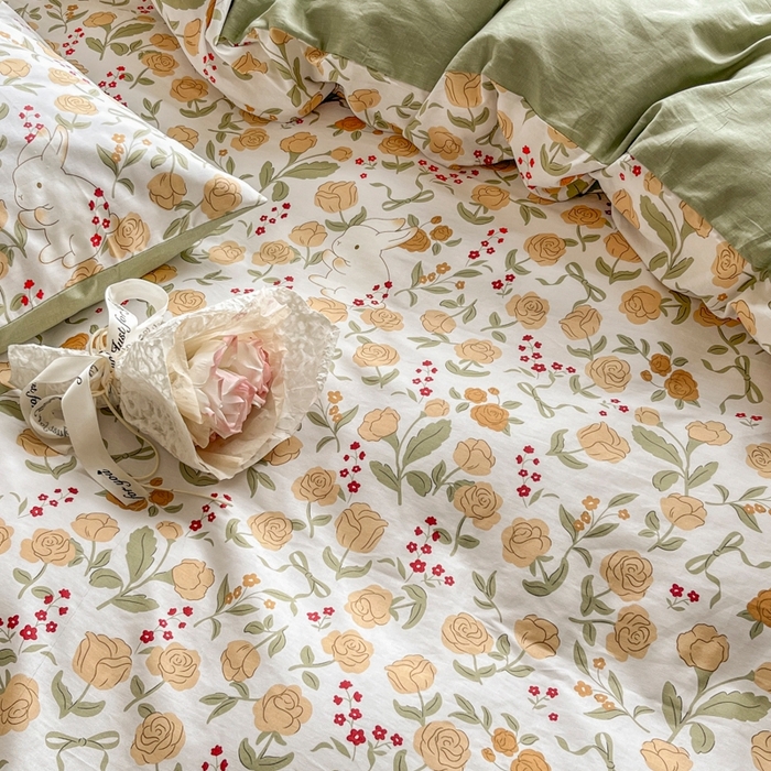 91家纺网 家纺一手货源 找家纺 琪格格纺织 2025新款13070全棉纯棉小清新四件套 花园小兔-浅绿